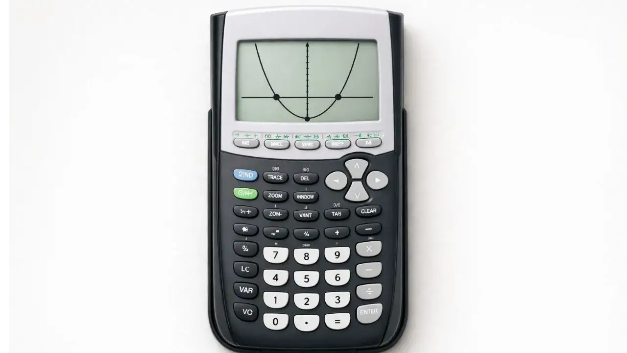 TI 84 calculator showing a quadratic graph with two x-axis intersections on the screen