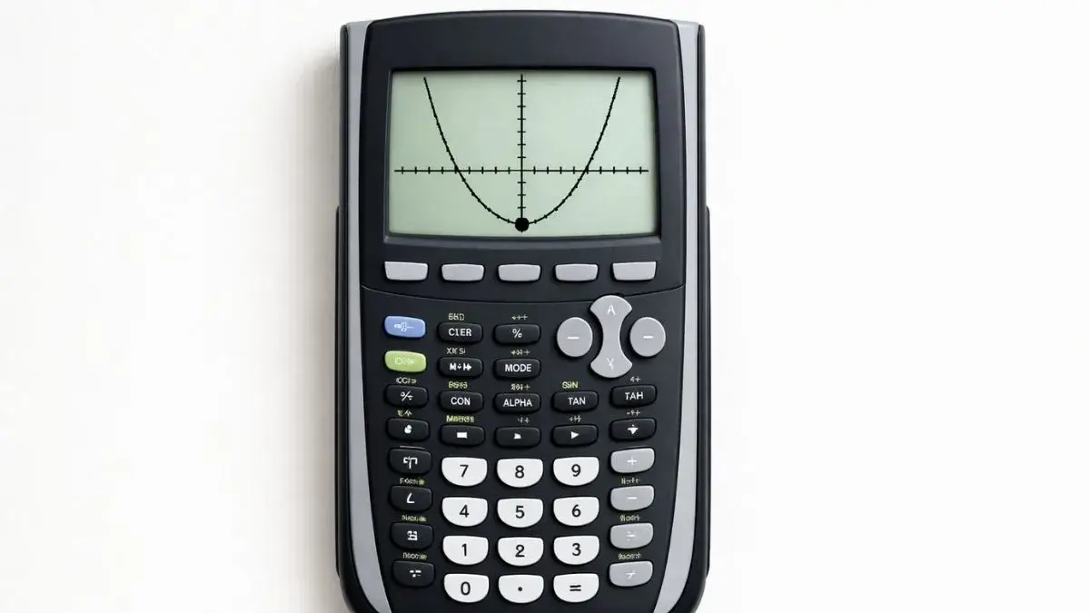 TI 84 calculator showing a quadratic parabola with the vertex point on the screen