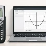TI 84 calculator beside a laptop displaying an online graphing calculator interface