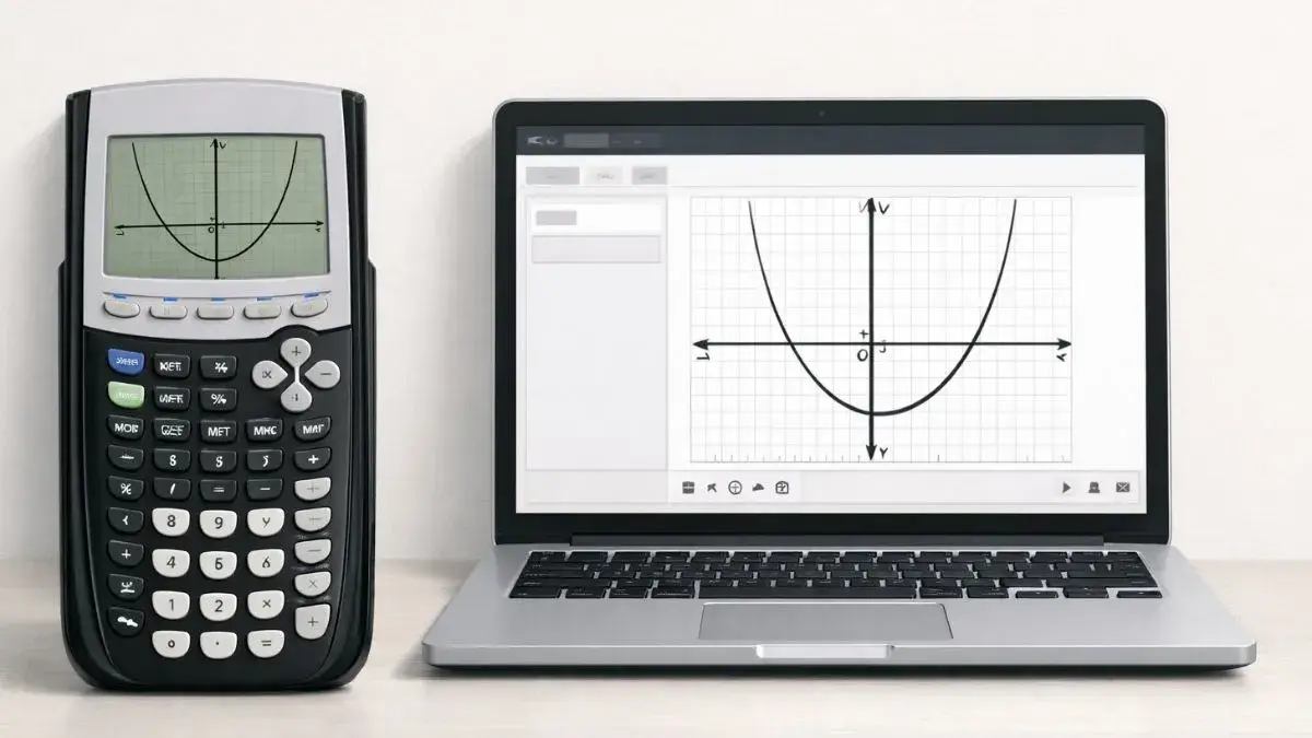 TI 84 calculator beside a laptop displaying an online graphing calculator interface